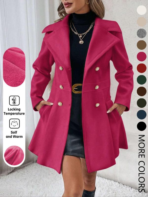 Women's Solid Color Double Button Lapel Blazer Coat, Fashion Coat, Elegant Fashion Long Sleeve Pocket Design Coat for Daily Outdoor Wear, Trendy Coat for Women, Women Outerwear Clothing for Fall & Winter